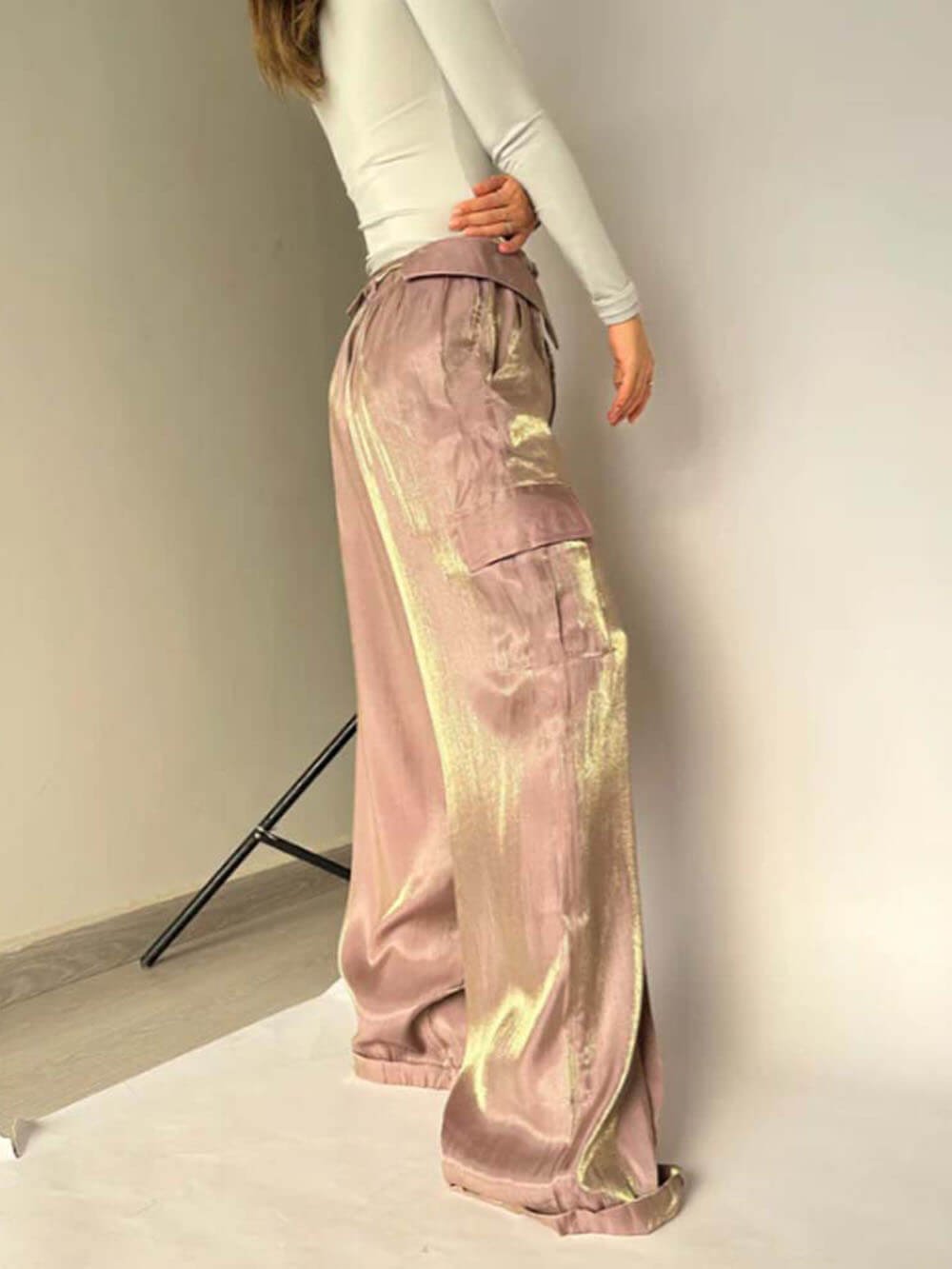 Owronline - Golden Years Glitter Fabric Drawstring Waist Bag Wide Leg Pants
