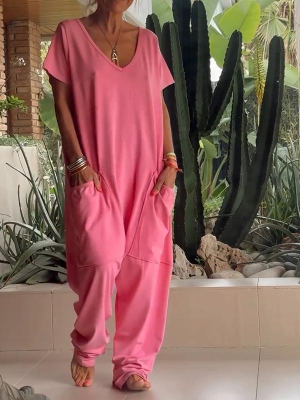 Owronline - Casual V-neck Solid Color Jumpsuit