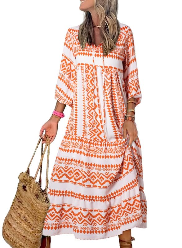 Owronline - Women's Puff Sleeve Floral Boho Maxi Dress