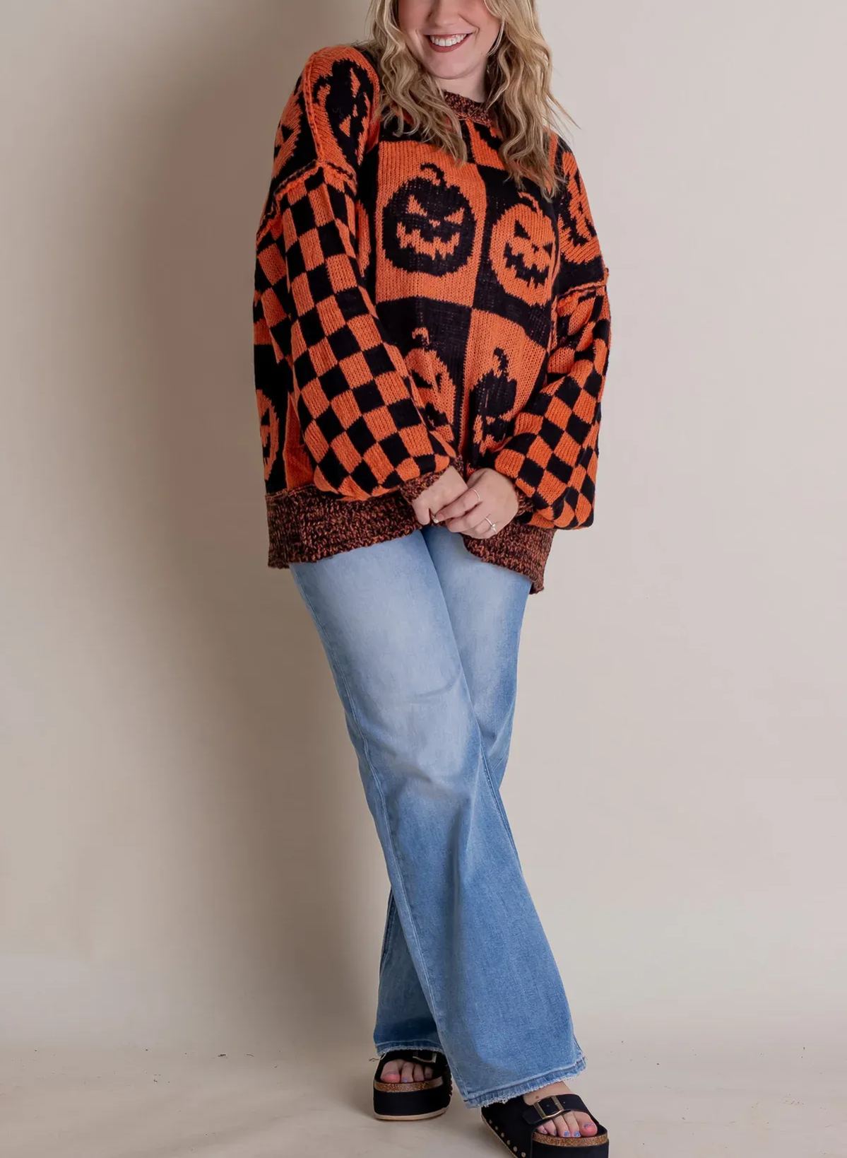 Owronline - Women's Halloween Checkered Sweater