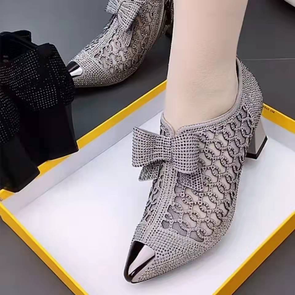Owronline - Rhinestone hollow chunky heel shoes and new belt buckle solid color plus size women's sandals