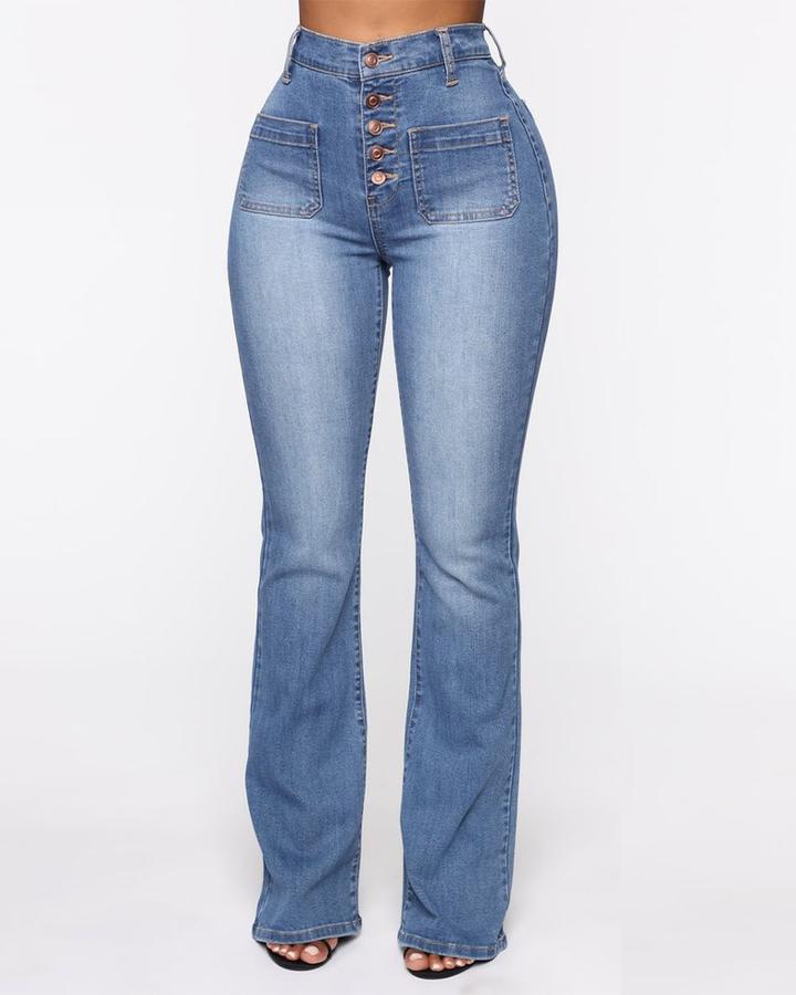 Owronline - Button Fly Booty Shaping High Waist Flare Jeans