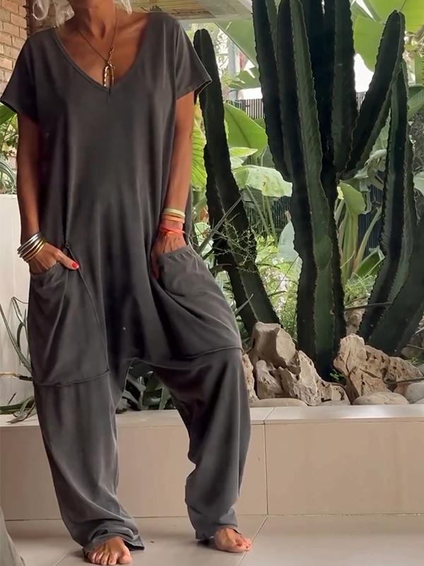 Owronline - Casual V-neck Solid Color Jumpsuit