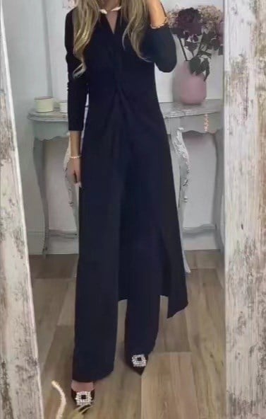 Owronline - One-piece long-sleeved slim-fit V-neck top and straight-leg pants