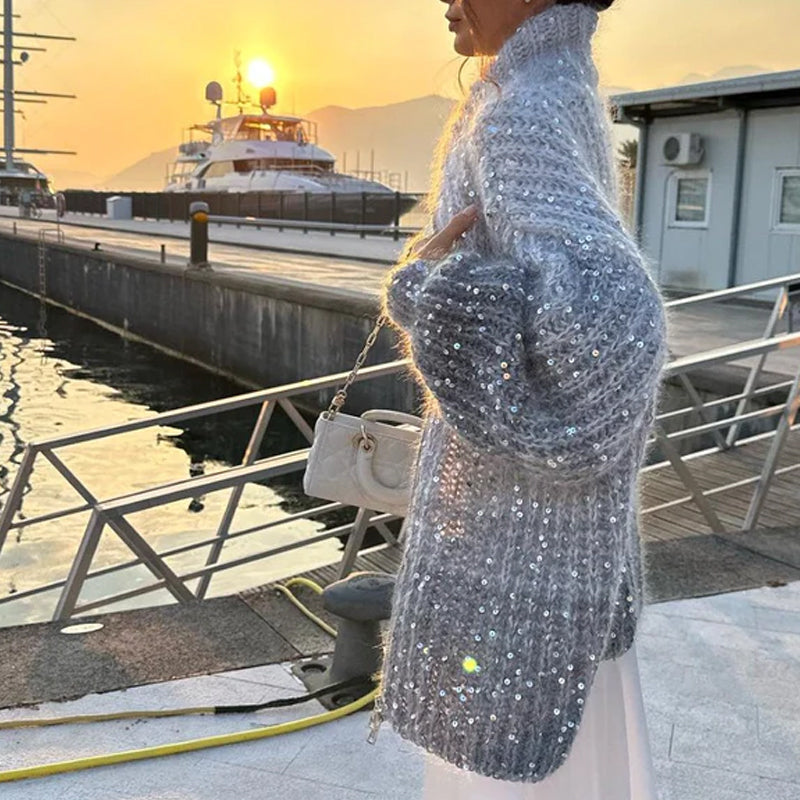 Owronline - Solid Color Sequin Knit Sweater Jacket