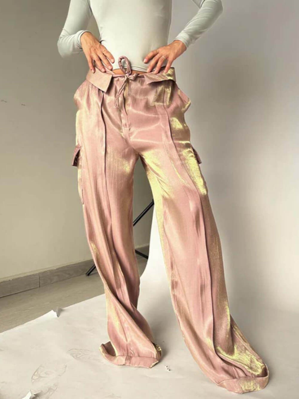 Owronline - Golden Years Glitter Fabric Drawstring Waist Bag Wide Leg Pants