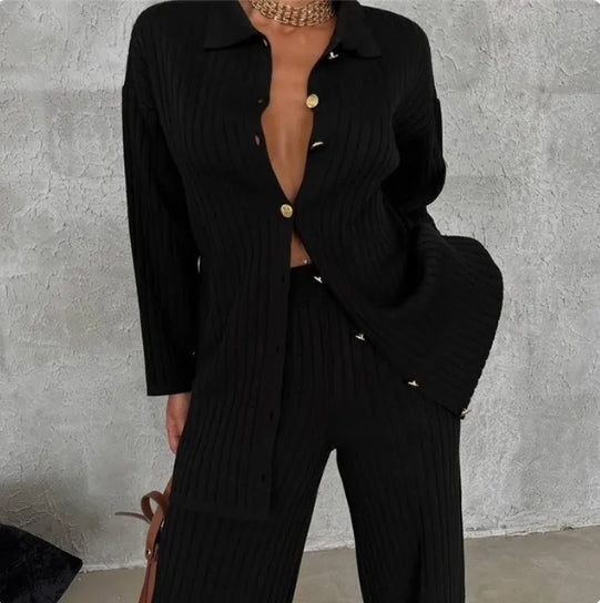 Owronline - Striped Jacquard Button-Knit Two-Piece Set - owronline