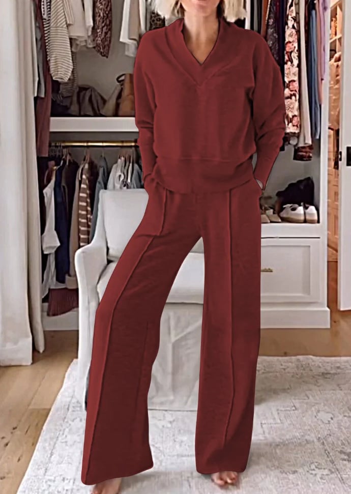 Owronline - Women's Solid Color V-neck Top & Pants Two-piece Set-II