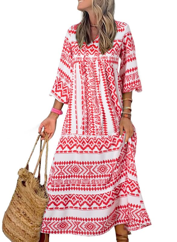 Owronline - Women's Puff Sleeve Floral Boho Maxi Dress