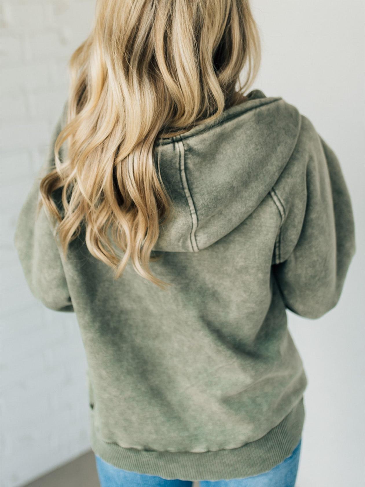 Owronline - Women's Zip Henley Acid Wash Fleece Hoodie