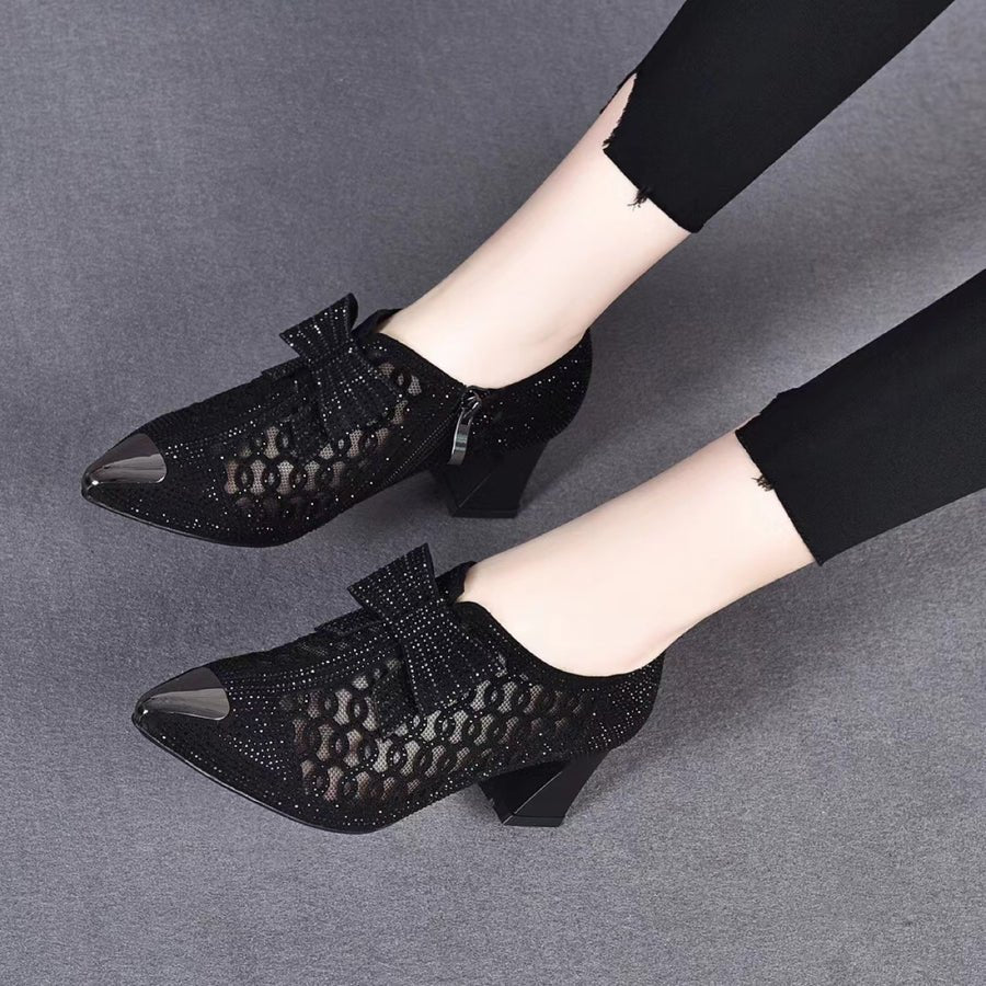 Owronline - Rhinestone hollow chunky heel shoes and new belt buckle solid color plus size women's sandals