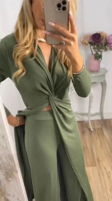 Owronline - One-piece long-sleeved slim-fit V-neck top and straight-leg pants