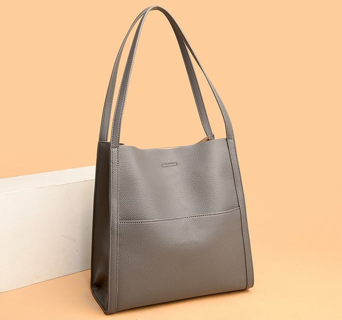Owronline - Solid color genuine leather shoulder bag