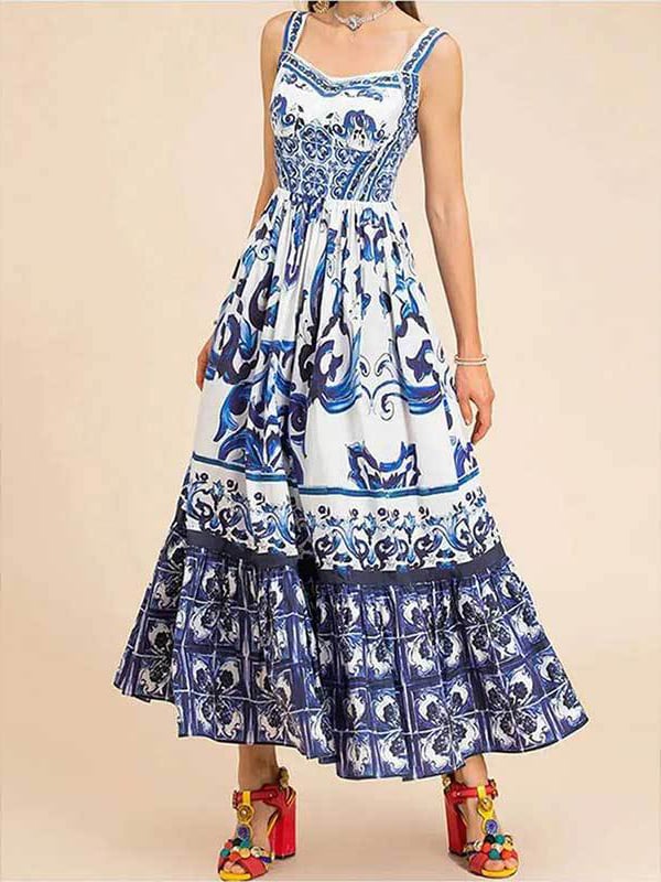 Owronline - Stunning Floral Print Suspender Patchwork Maxi Dress