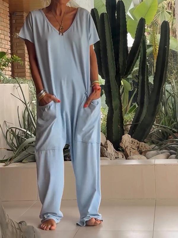 Owronline - Casual V-neck Solid Color Jumpsuit