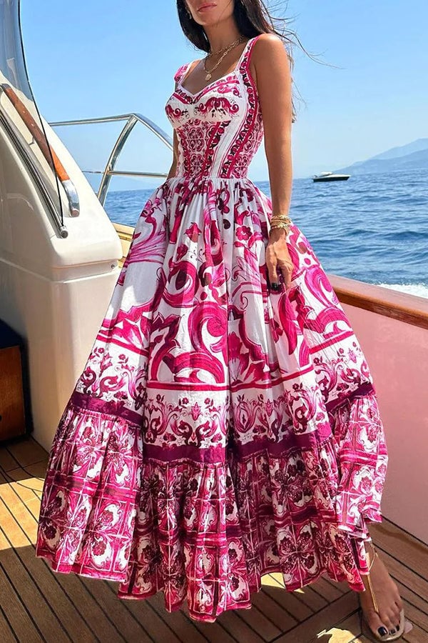 Owronline - Stunning Floral Print Suspender Patchwork Maxi Dress