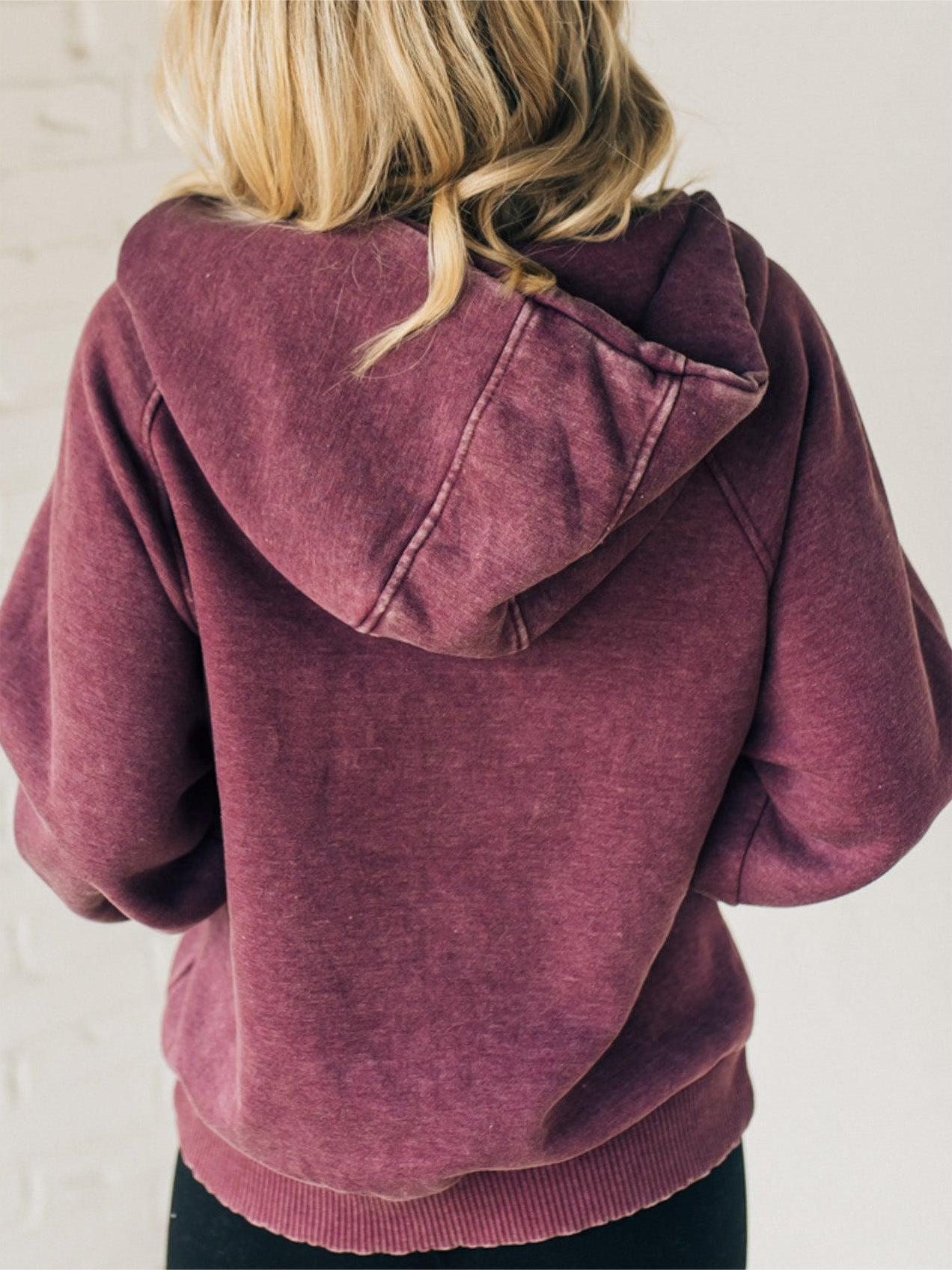 Owronline - Women's Zip Henley Acid Wash Fleece Hoodie