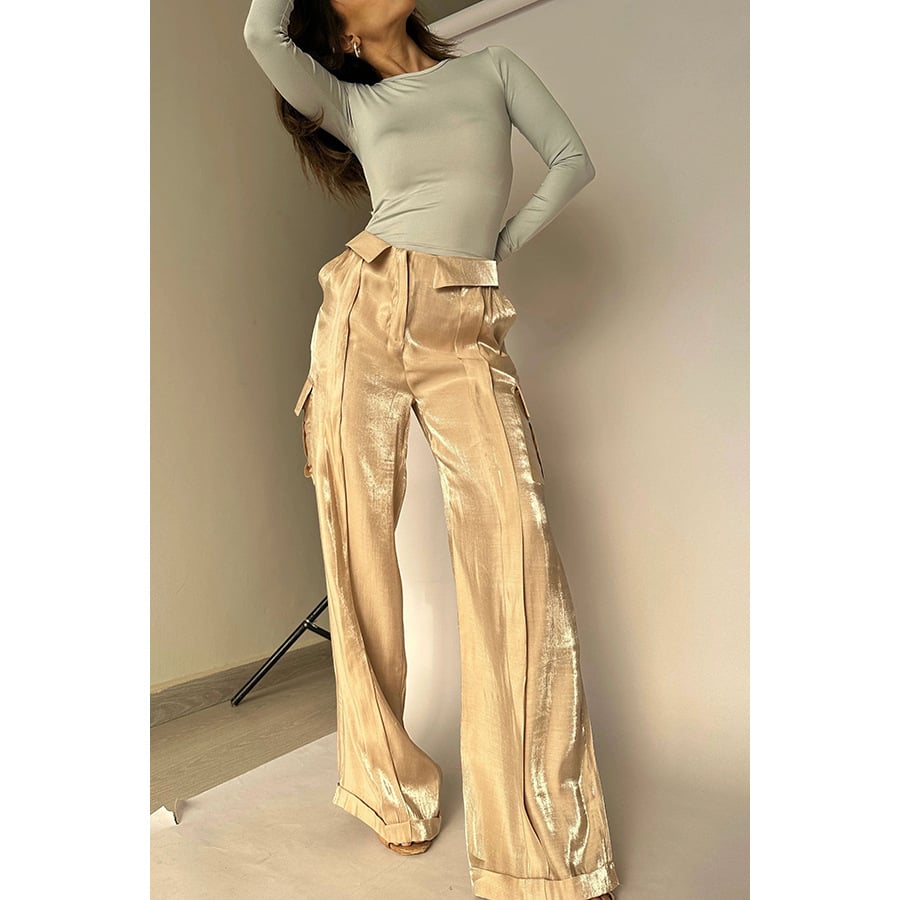 Owronline - Golden Years Glitter Fabric Drawstring Waist Bag Wide Leg Pants