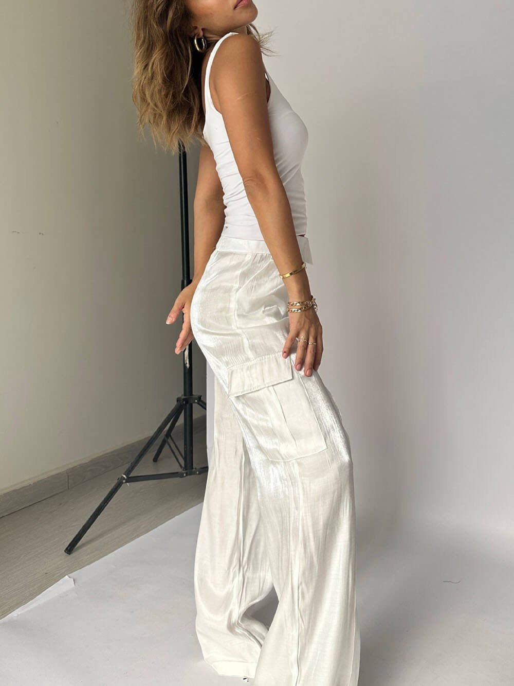 Owronline - Golden Years Glitter Fabric Drawstring Waist Bag Wide Leg Pants