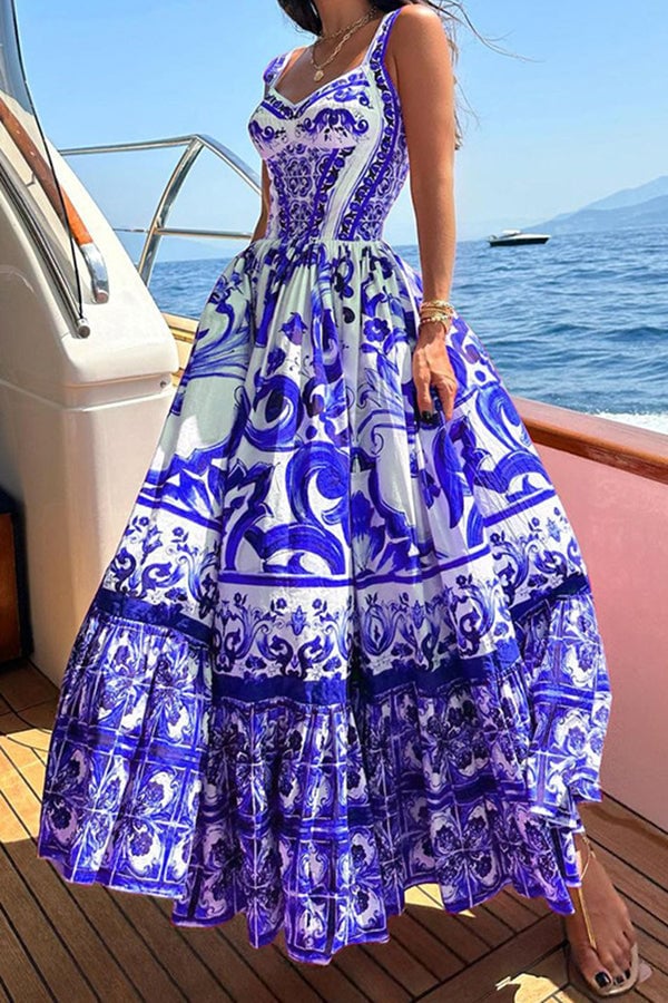Owronline - Stunning Floral Print Suspender Patchwork Maxi Dress