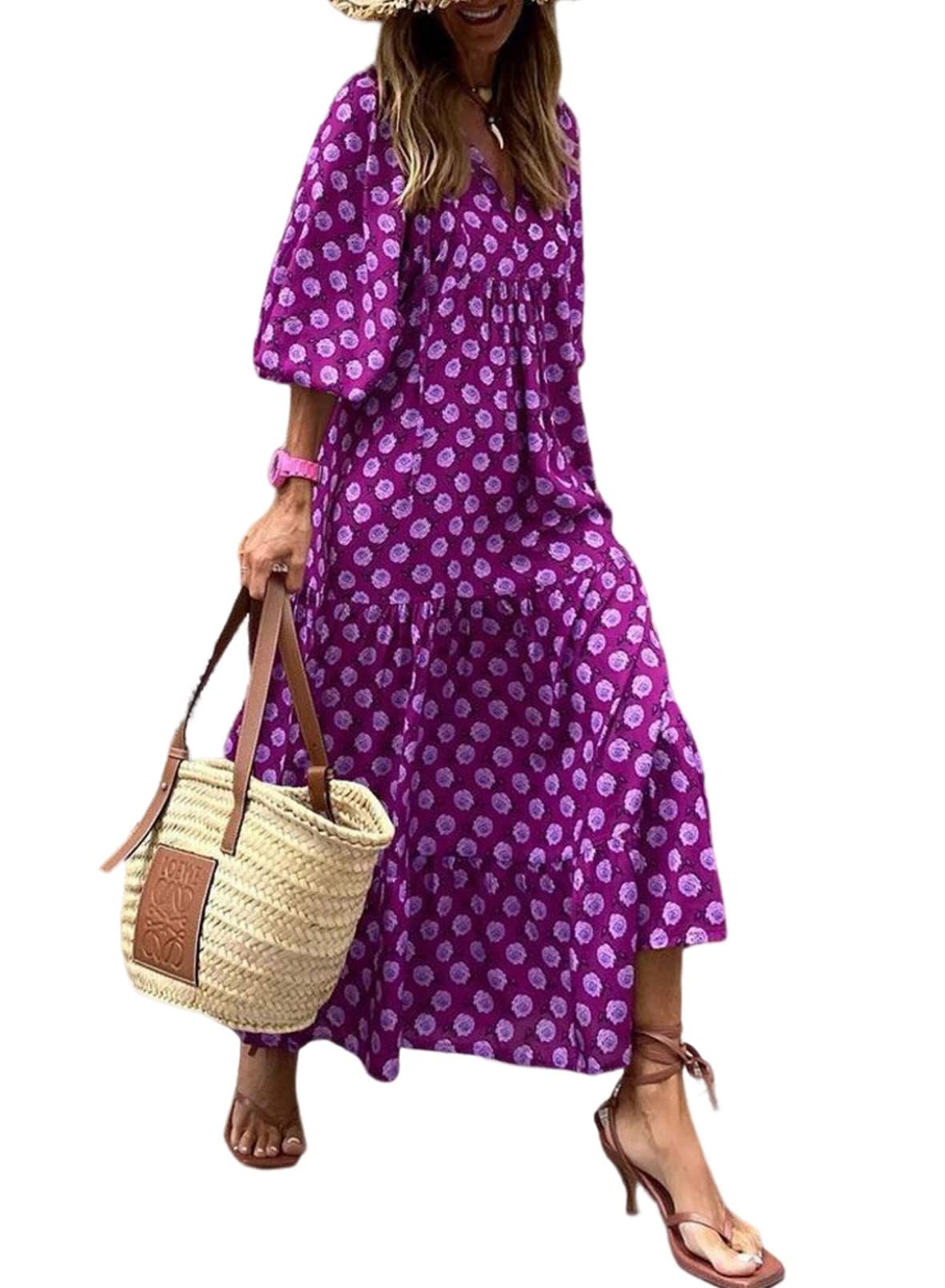 Owronline - Women's Puff Sleeve Floral Boho Maxi Dress