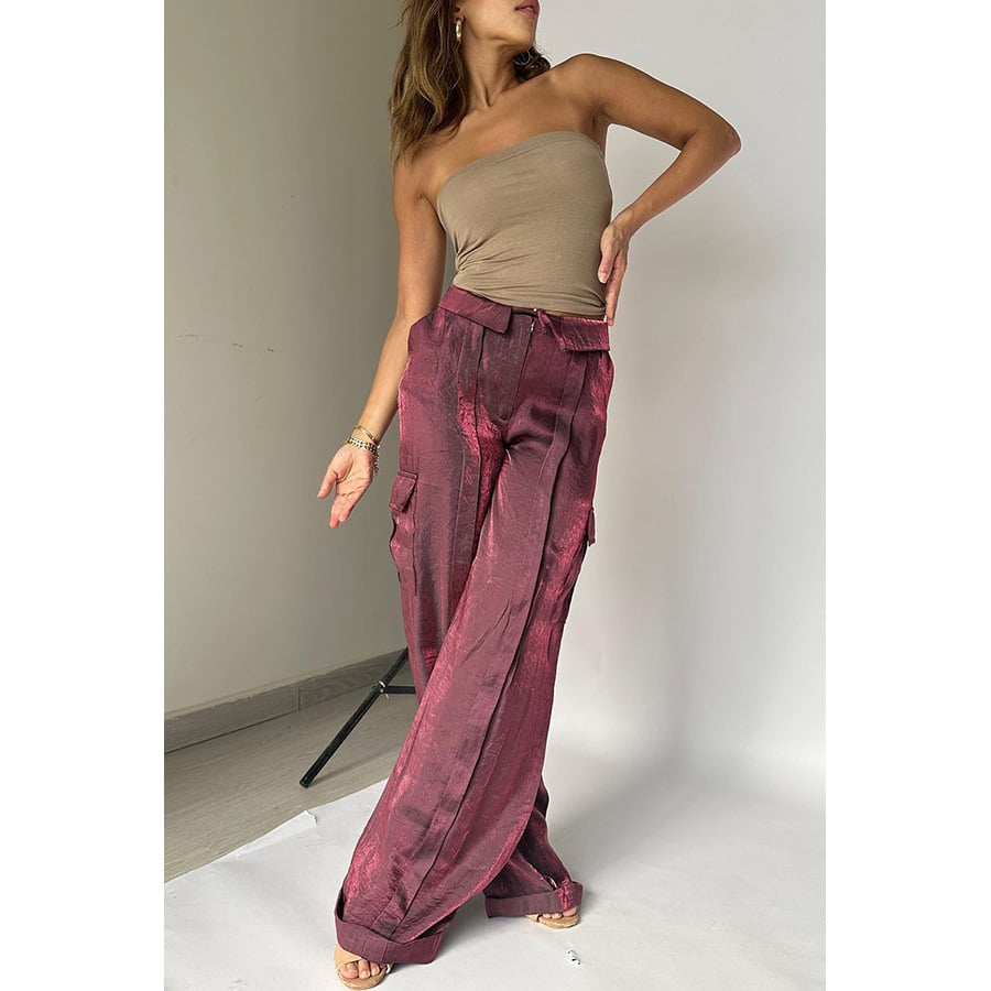Owronline - Golden Years Glitter Fabric Drawstring Waist Bag Wide Leg Pants