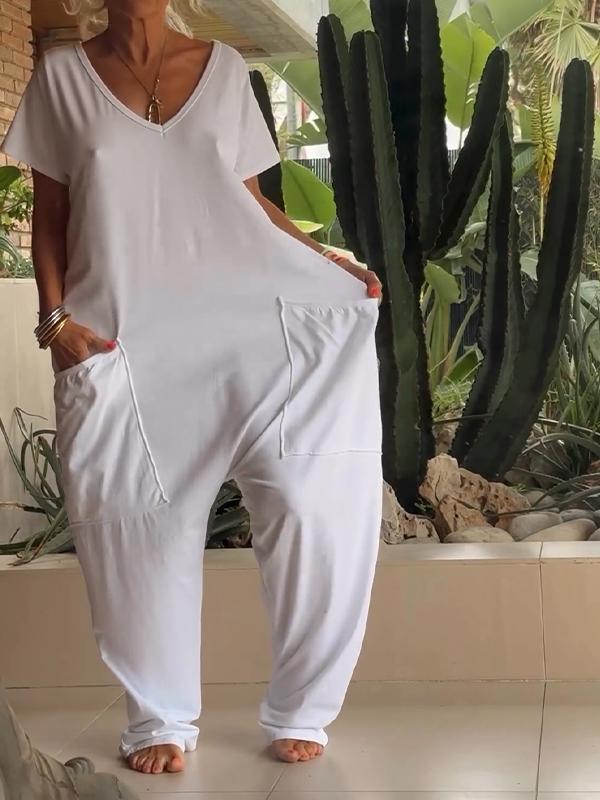 Owronline - Casual V-neck Solid Color Jumpsuit