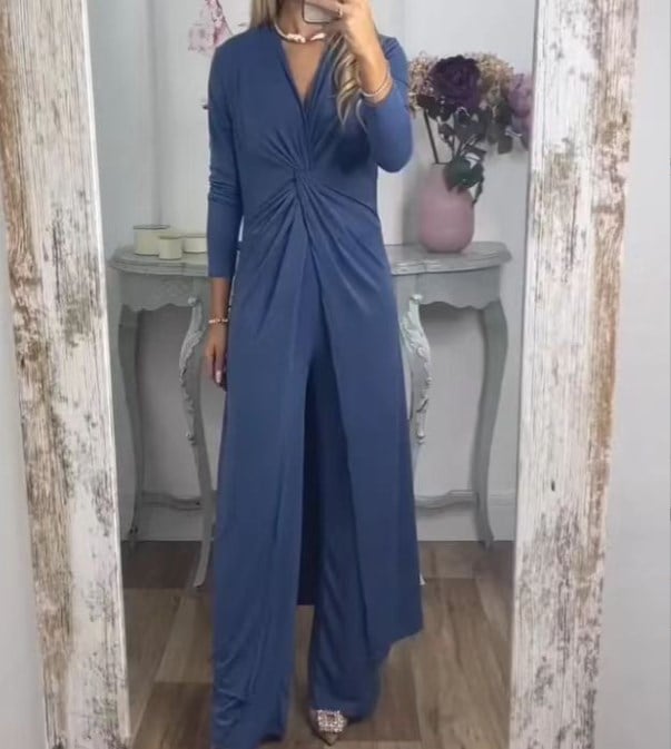 Owronline - One-piece long-sleeved slim-fit V-neck top and straight-leg pants