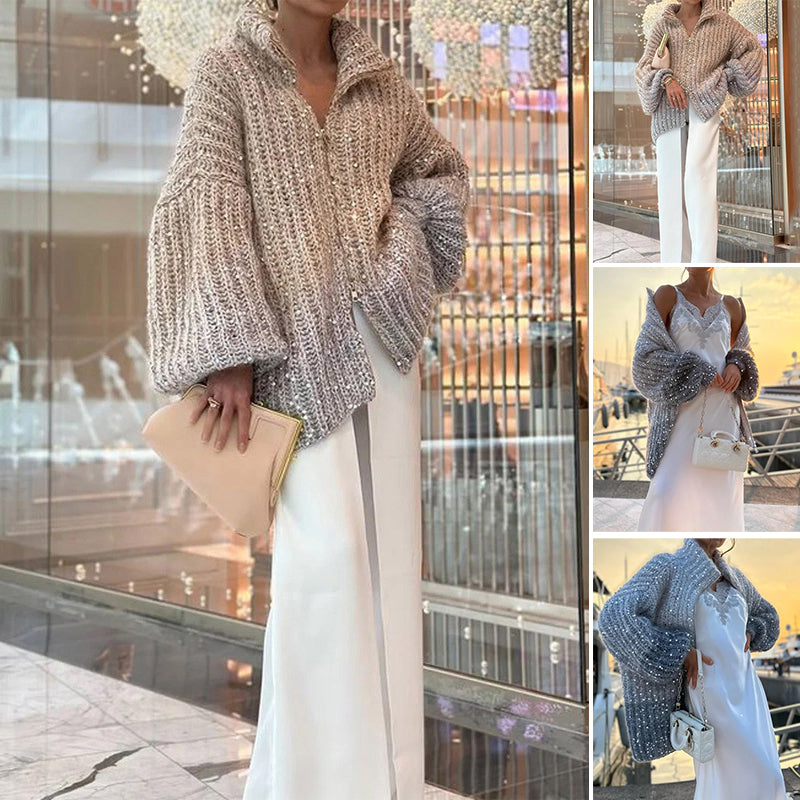 Owronline - Solid Color Sequin Knit Sweater Jacket