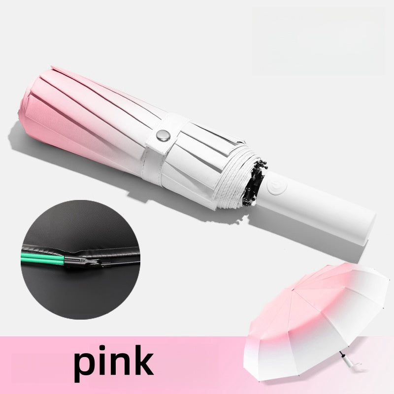 Gradient three-fold fully automatic sun protection folding umbrella (white peach powder) - owronline
