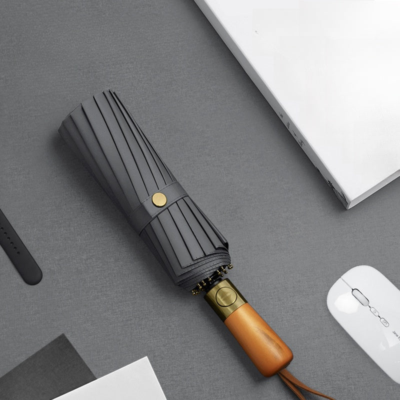 Bronze Brushed Wooden Handle Business Automatic Folding Umbrella (Grey) - owronline
