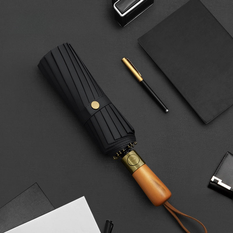 Bronze Brushed Wooden Handle Business Automatic Folding Umbrella (Black) - owronline