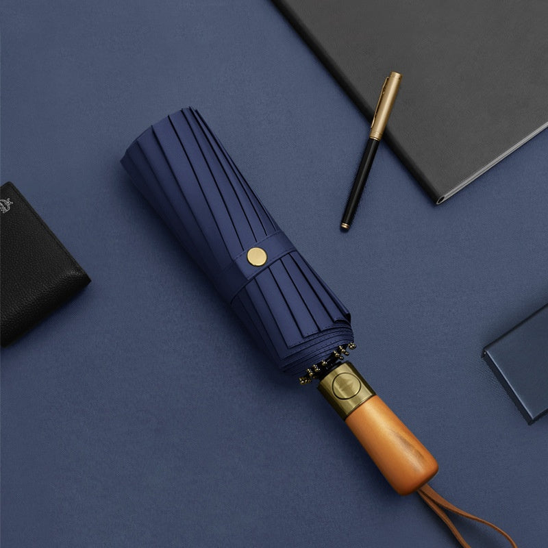 Bronze Brushed Wooden Handle Business Automatic Folding Umbrella(Blue) - owronline