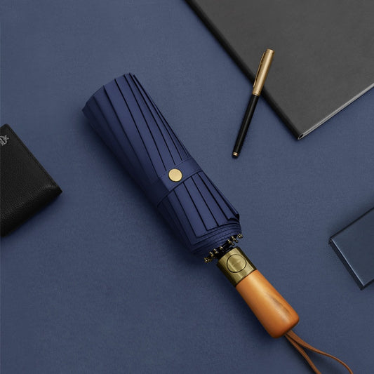 Bronze Brushed Wooden Handle Business Automatic Folding Umbrella(Blue)