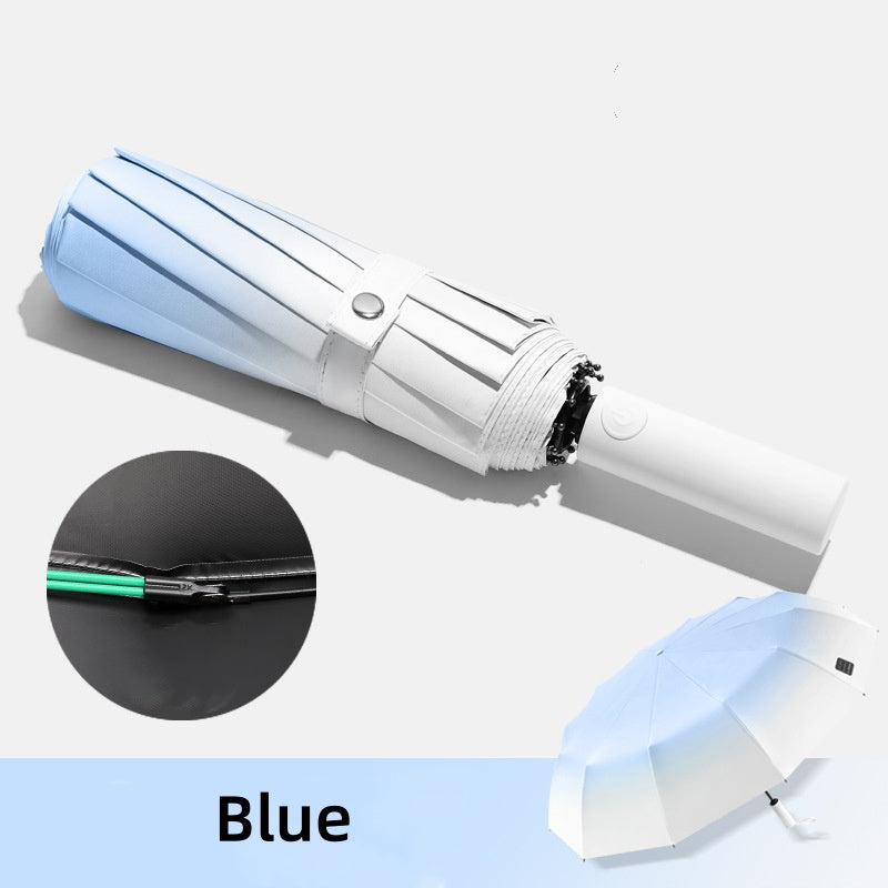 Gradient three-fold fully automatic sun protection folding umbrella (sea salt blue) - owronline