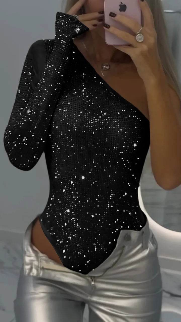 Owronline - Women's One-shoulder Tight-fitting Rhinestone Top
