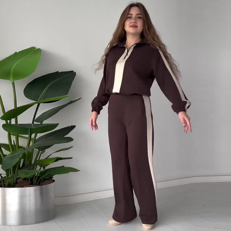 Owronline - Women's Zipper Lapel Tops & Pants 2-Piece Set