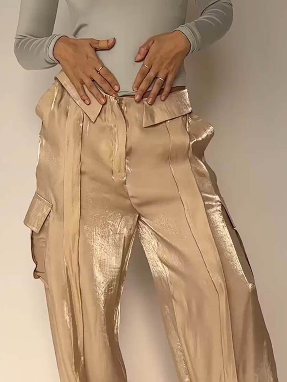 Owronline - Golden Years Glitter Fabric Drawstring Waist Bag Wide Leg Pants