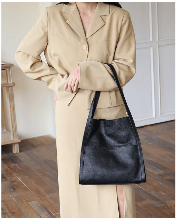 Owronline - Solid color simple genuine leather shoulder bag
