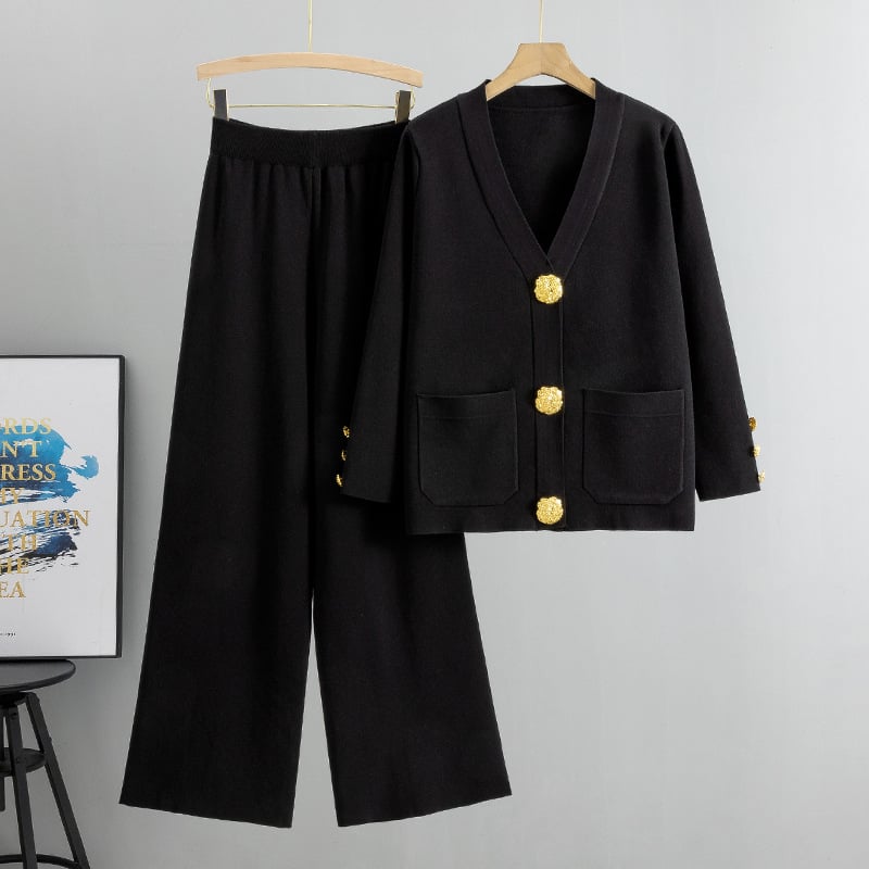 Fashion Metal Button Knit Wool Sweater Wide Leg Pants Set