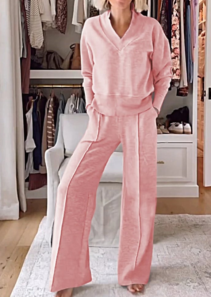 Owronline - Women's Solid Color V-neck Top & Pants Two-piece Set-II