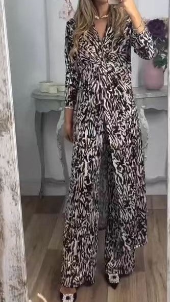Owronline - One-piece long-sleeved slim-fit V-neck top and straight-leg pants