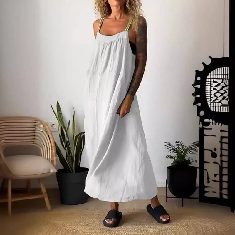 Owronline - Women's Simple Cotton And Linen Suspender Dress