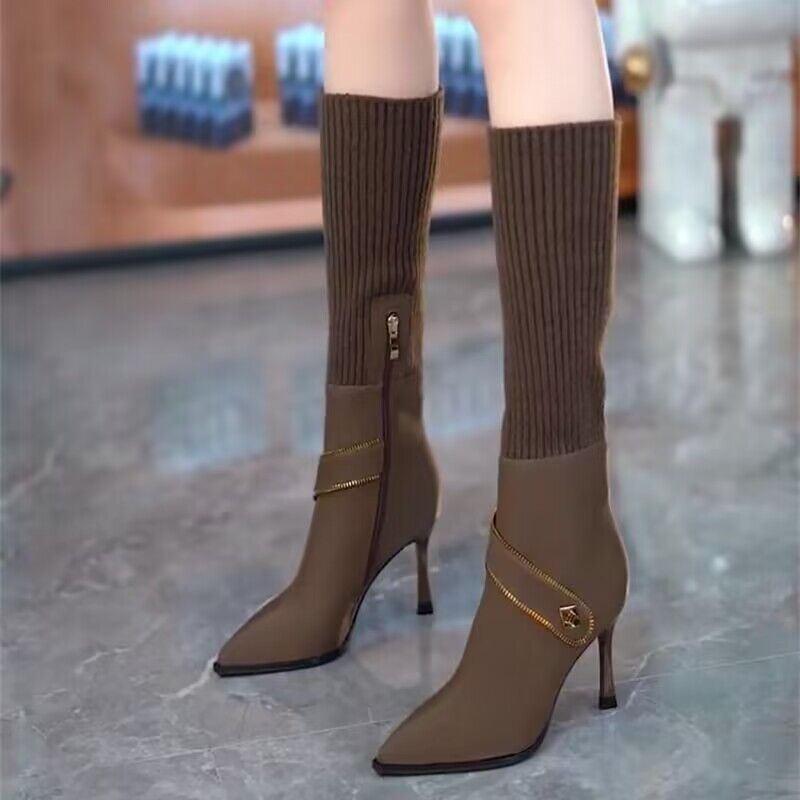 Owronline - Knitted Long Lointed Toe Stiletto Boots