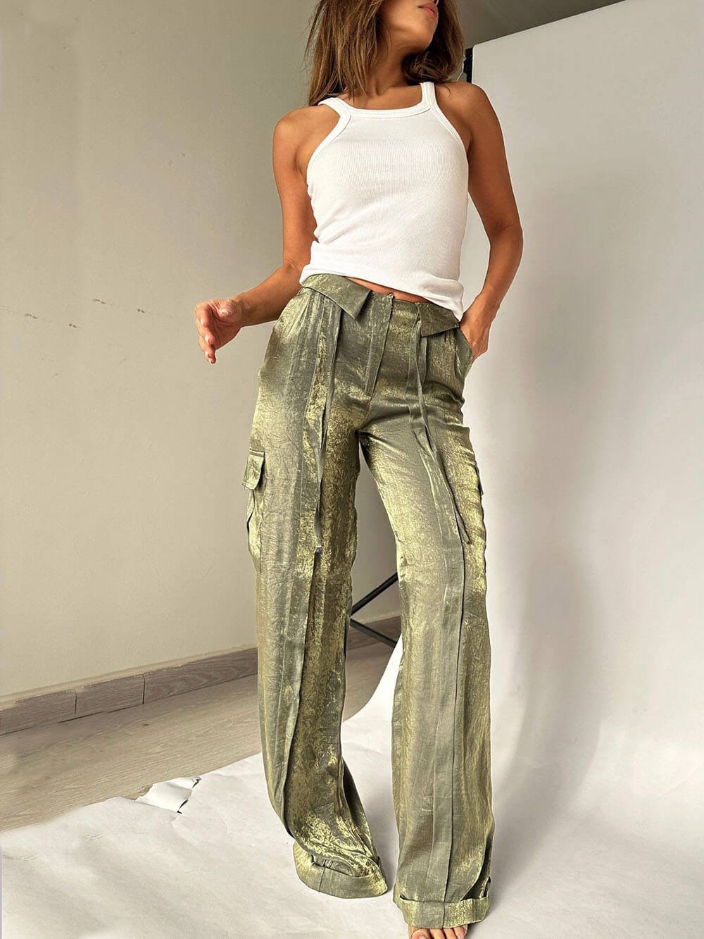 Owronline - Golden Years Glitter Fabric Drawstring Waist Bag Wide Leg Pants