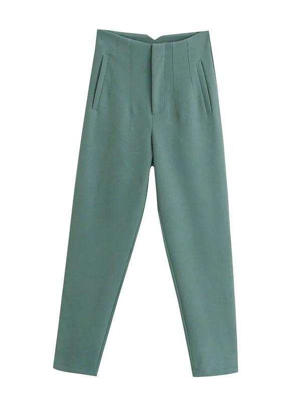 Owronline - Straight Pants High Waist Zipper Fly Trousers