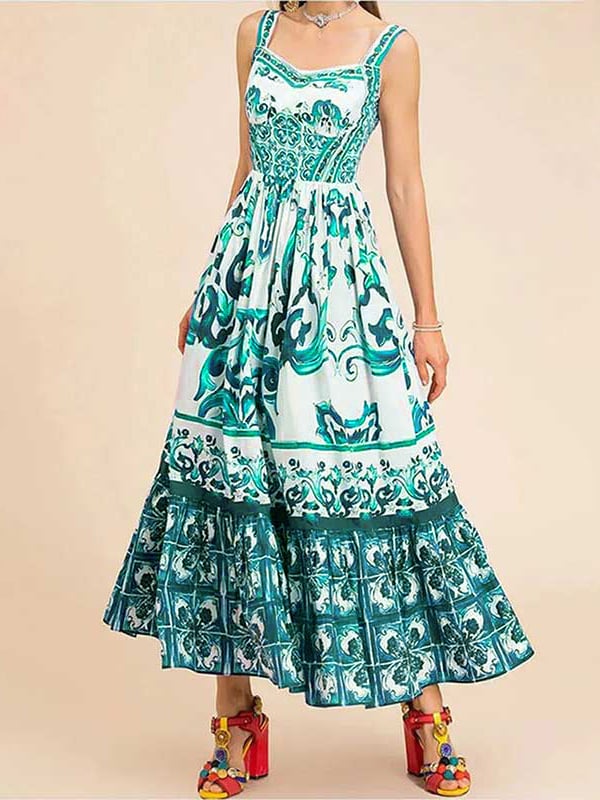 Owronline - Stunning Floral Print Suspender Patchwork Maxi Dress