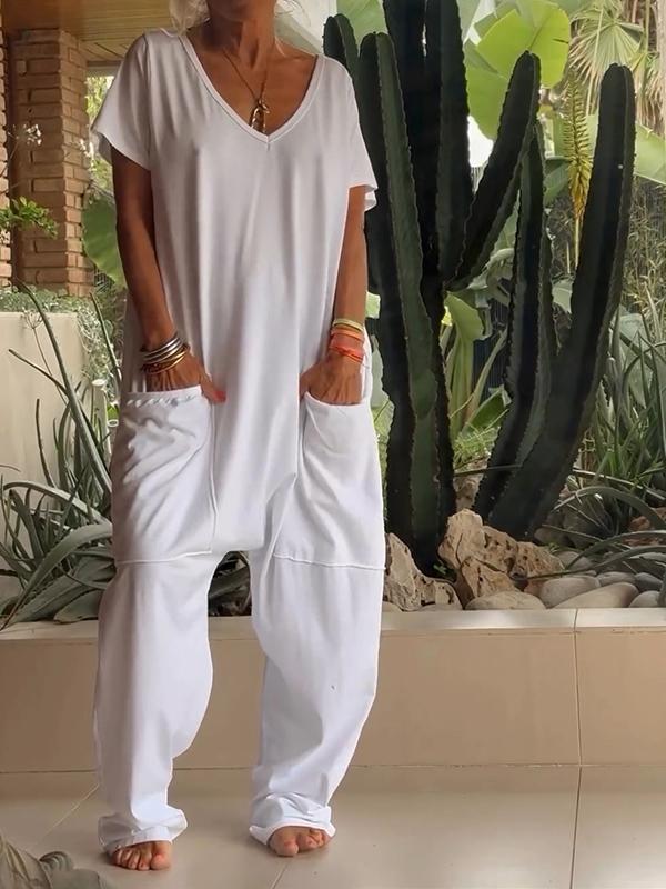 Owronline - Casual V-neck Solid Color Jumpsuit