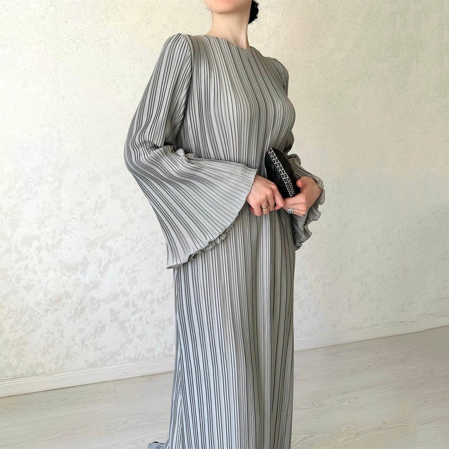 Owronline - Pleated Bell Sleeve Maxi Dress