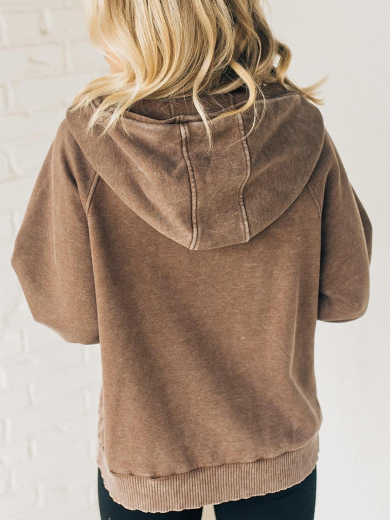Owronline - Women's Zip Henley Acid Wash Fleece Hoodie